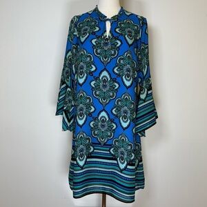 Kaari Blue Paisley Dress Bell Sleeves Blue And Green V-Neck Women’s Size Small